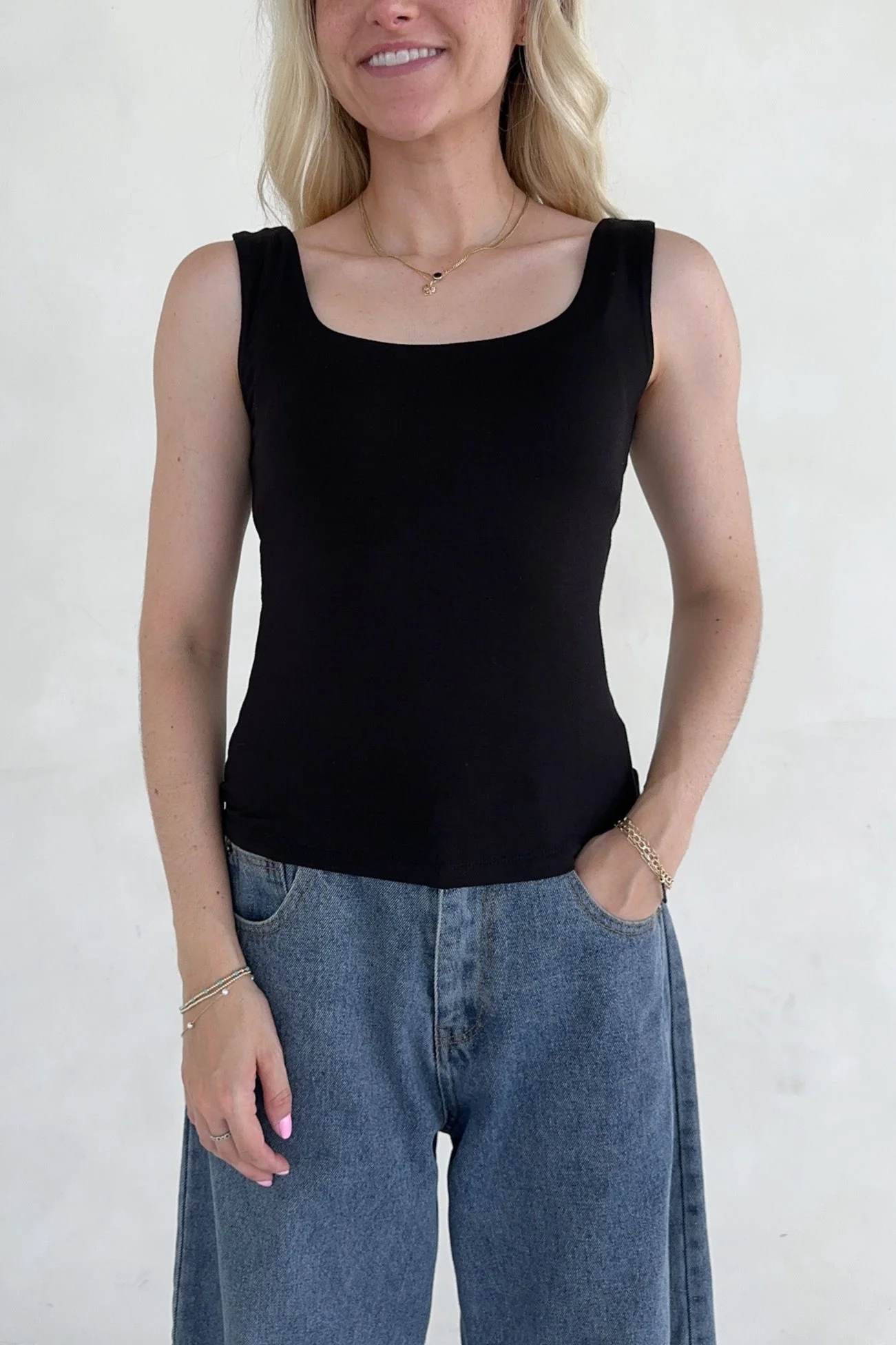 Taylor Double Layer Square Neck Tank Top in Black