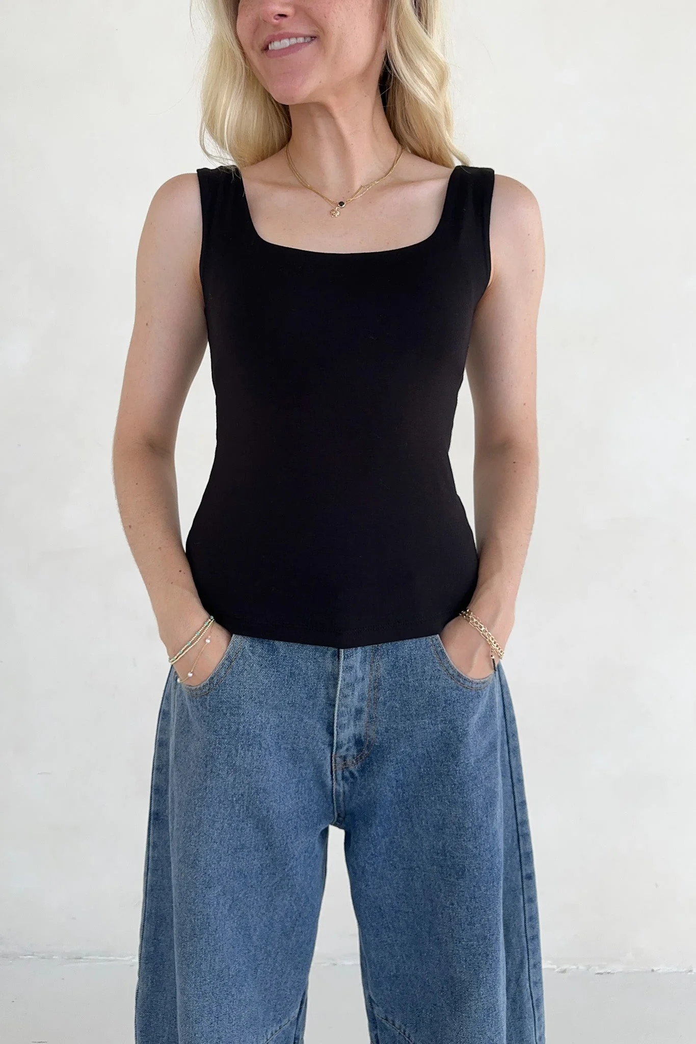 Taylor Double Layer Square Neck Tank Top in Black - Image 2