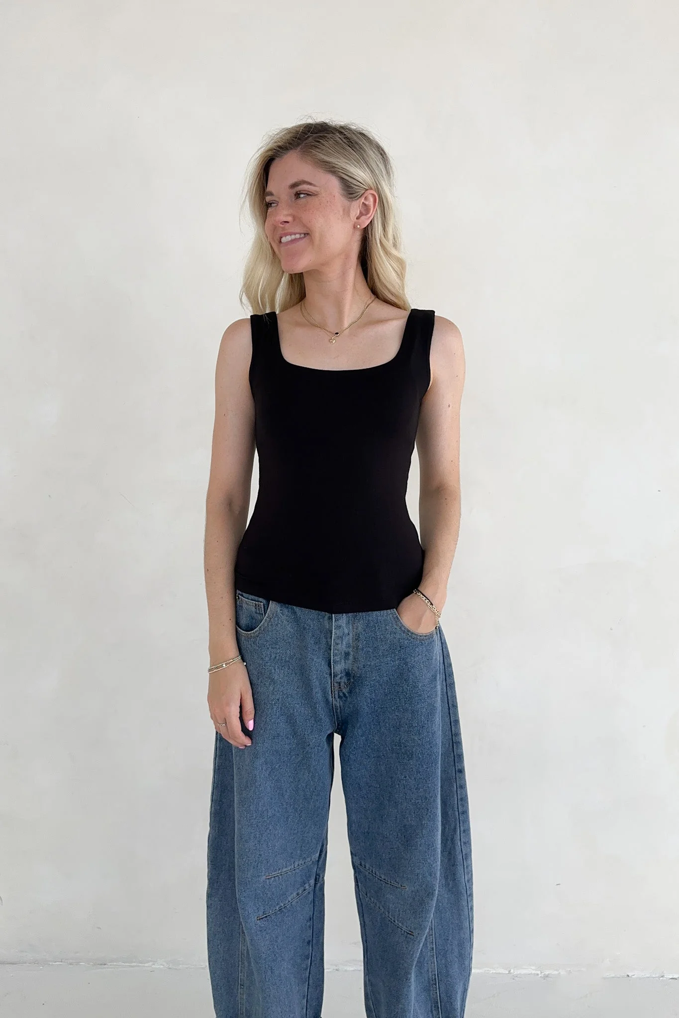Taylor Double Layer Square Neck Tank Top in Black - Image 3