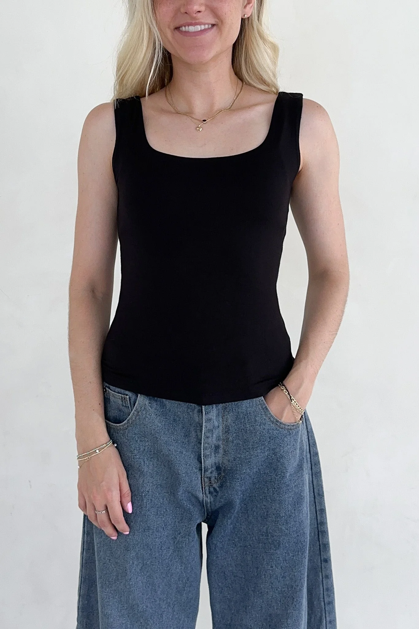 Taylor Double Layer Square Neck Tank Top in Black - Image 4