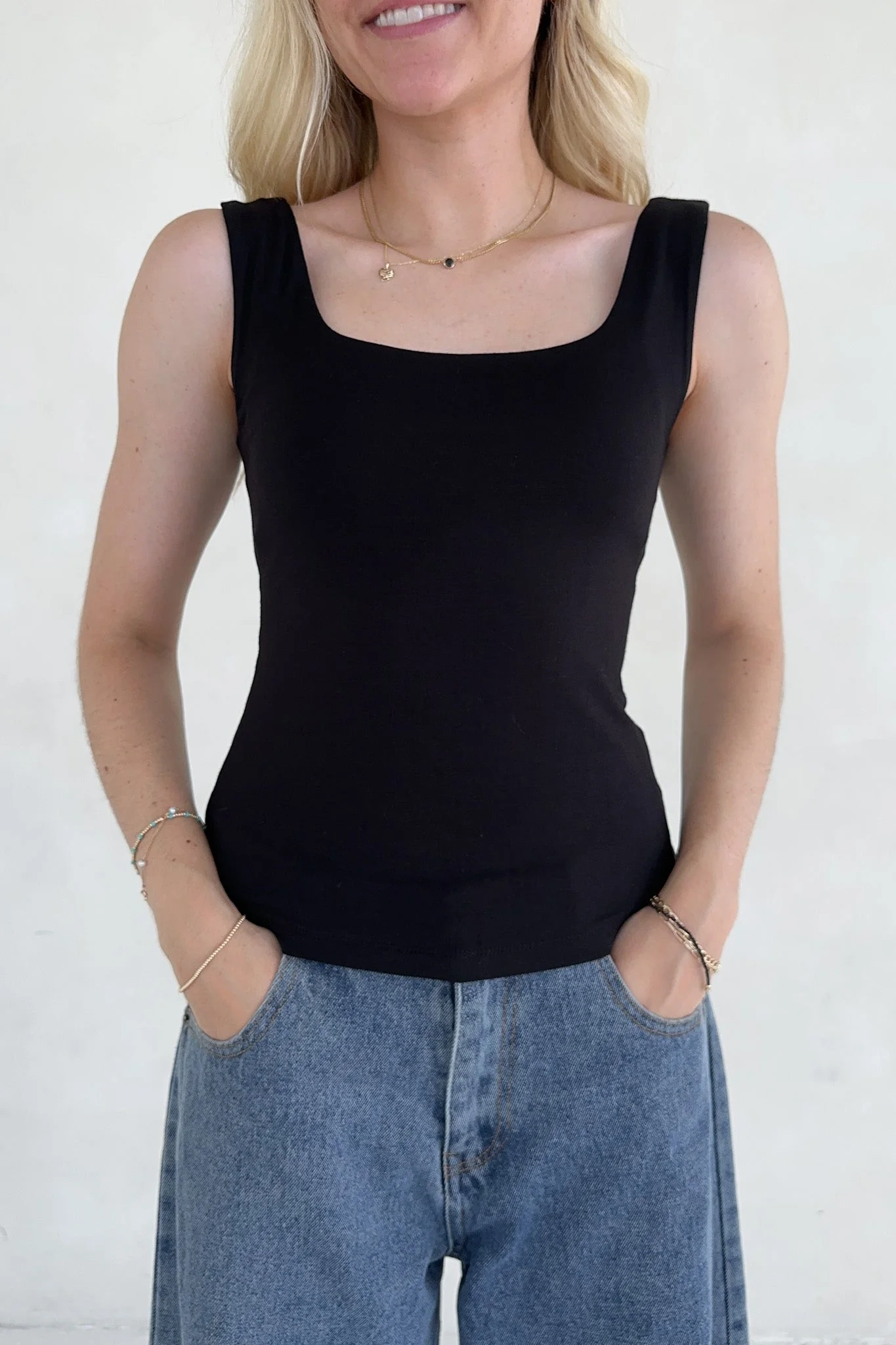 Taylor Double Layer Square Neck Tank Top in Black - Image 5