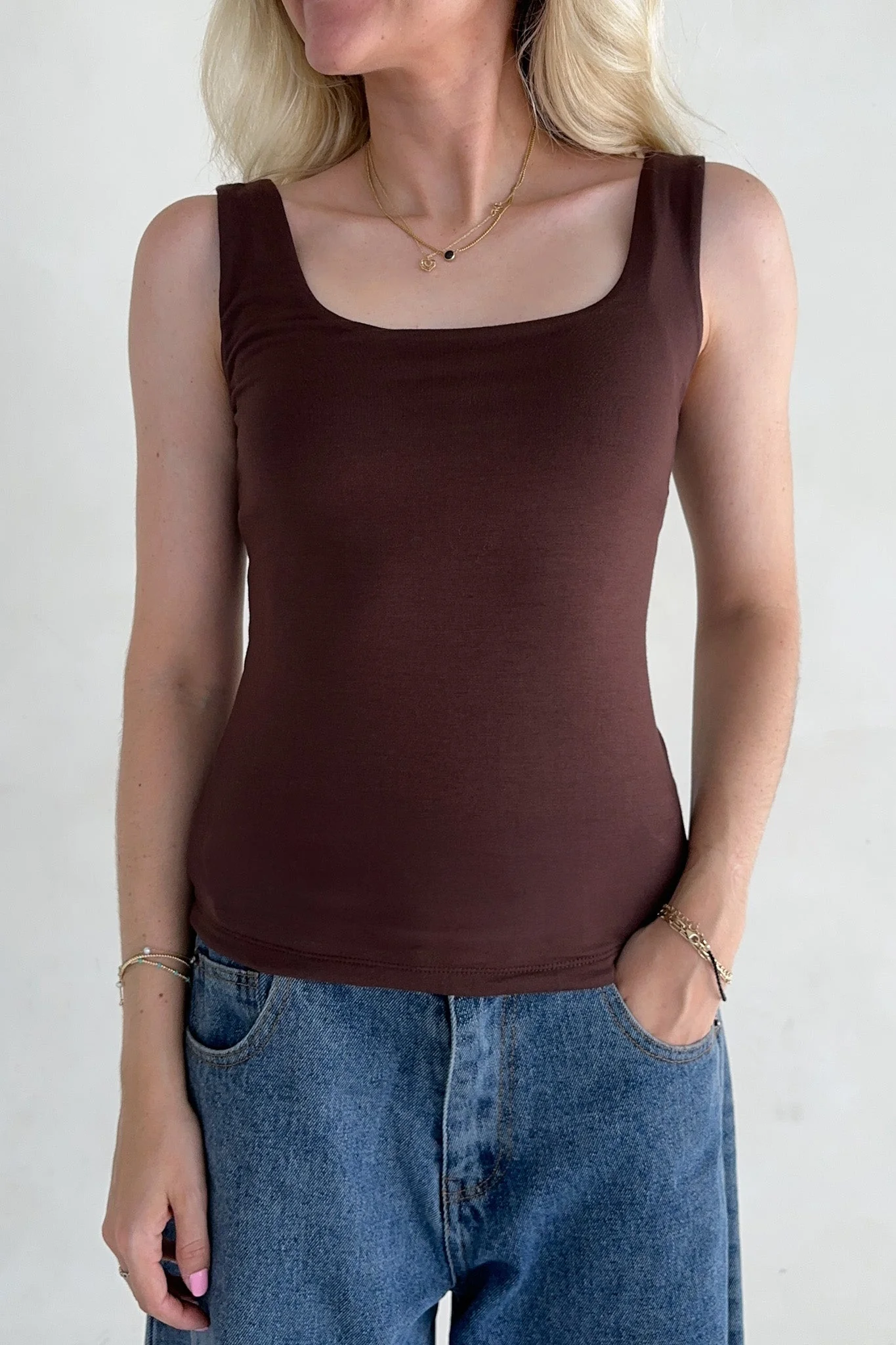 Taylor Double Layer Square Neck Tank Top in Chocolate - Image 2