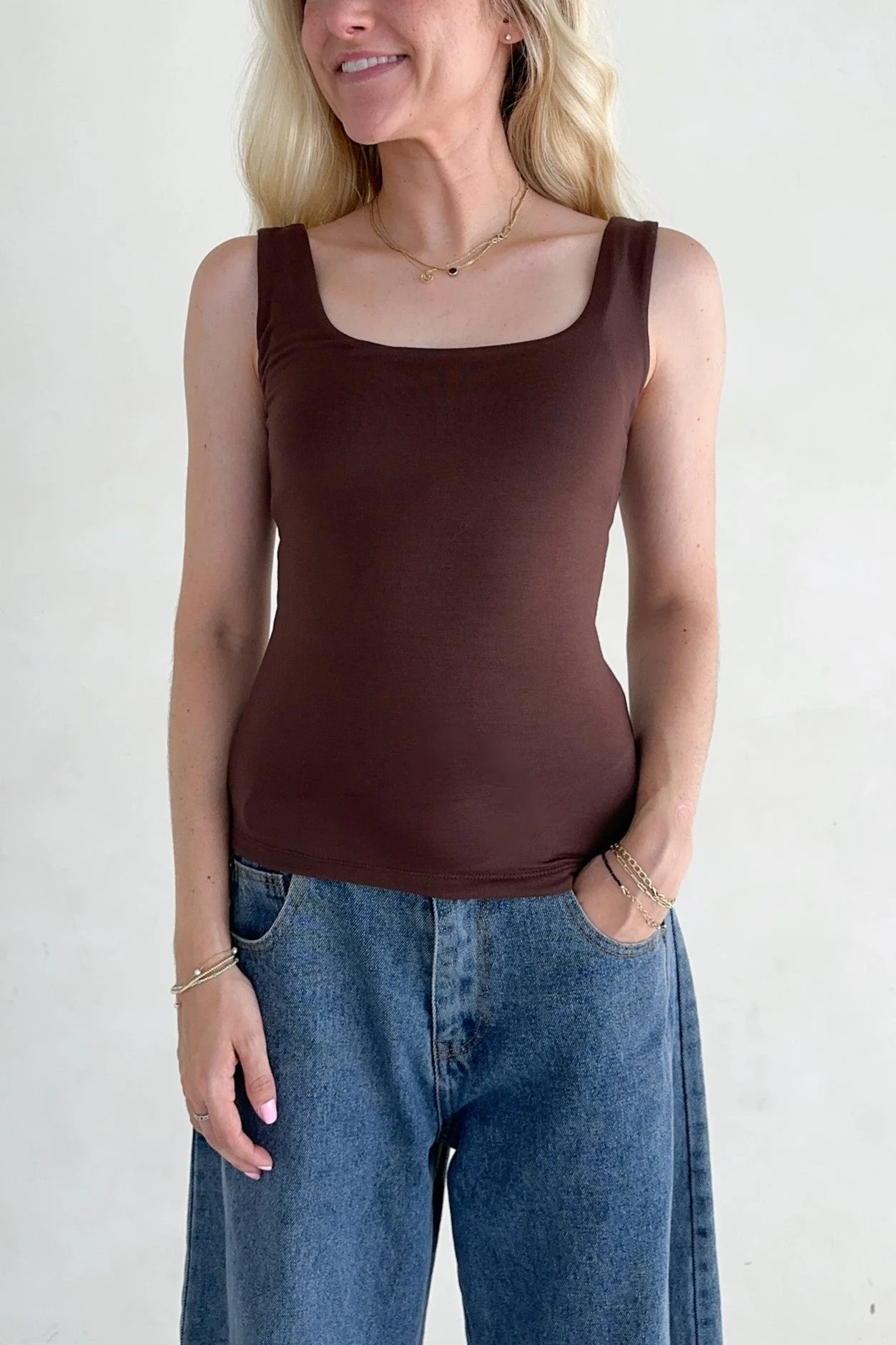 Taylor Double Layer Square Neck Tank Top in Chocolate - Image 4