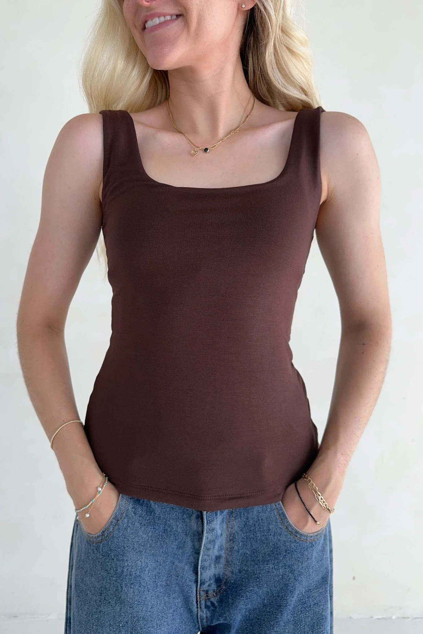 Taylor Double Layer Square Neck Tank Top in Chocolate - Image 5