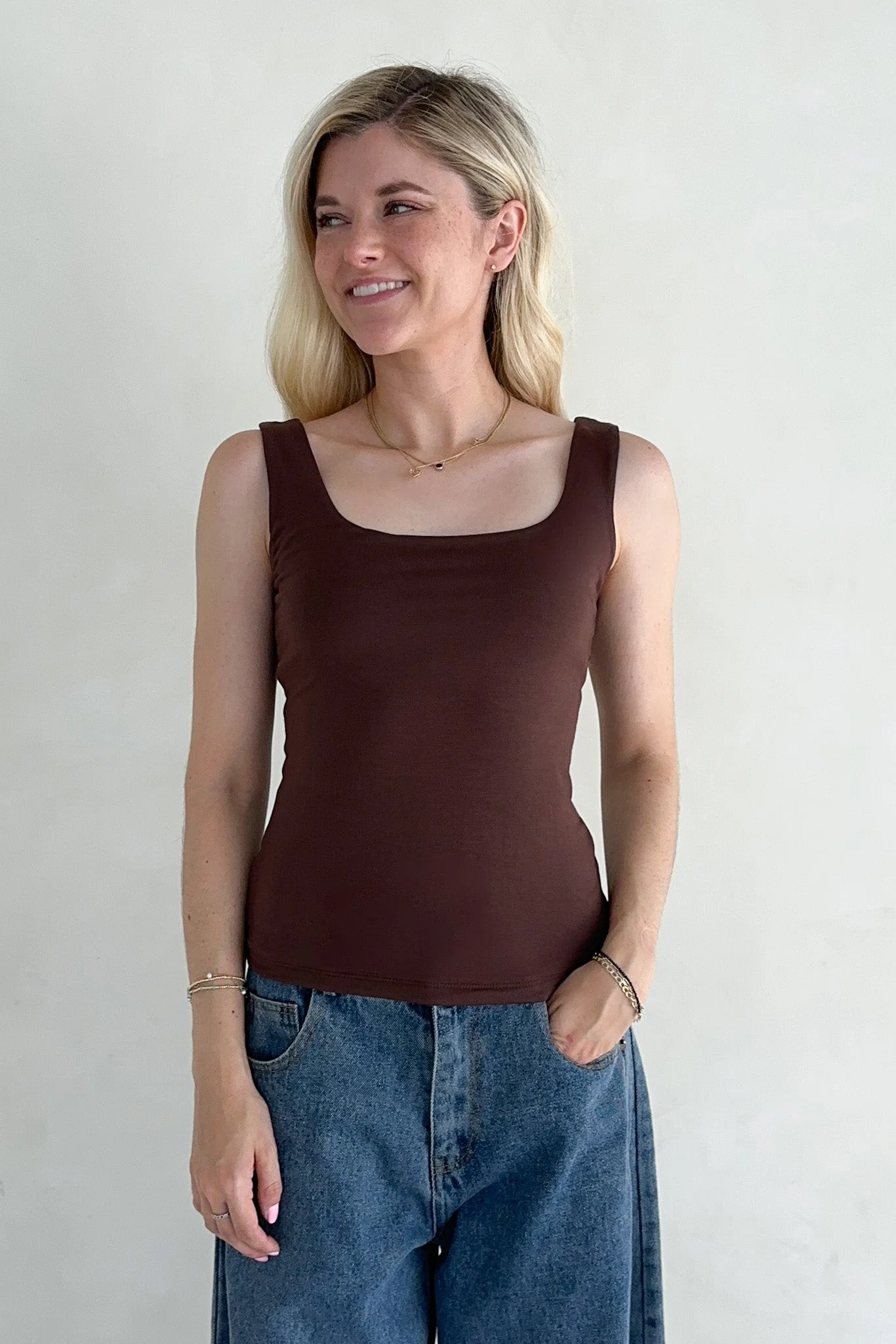 Taylor Double Layer Square Neck Tank Top in Chocolate - Image 6