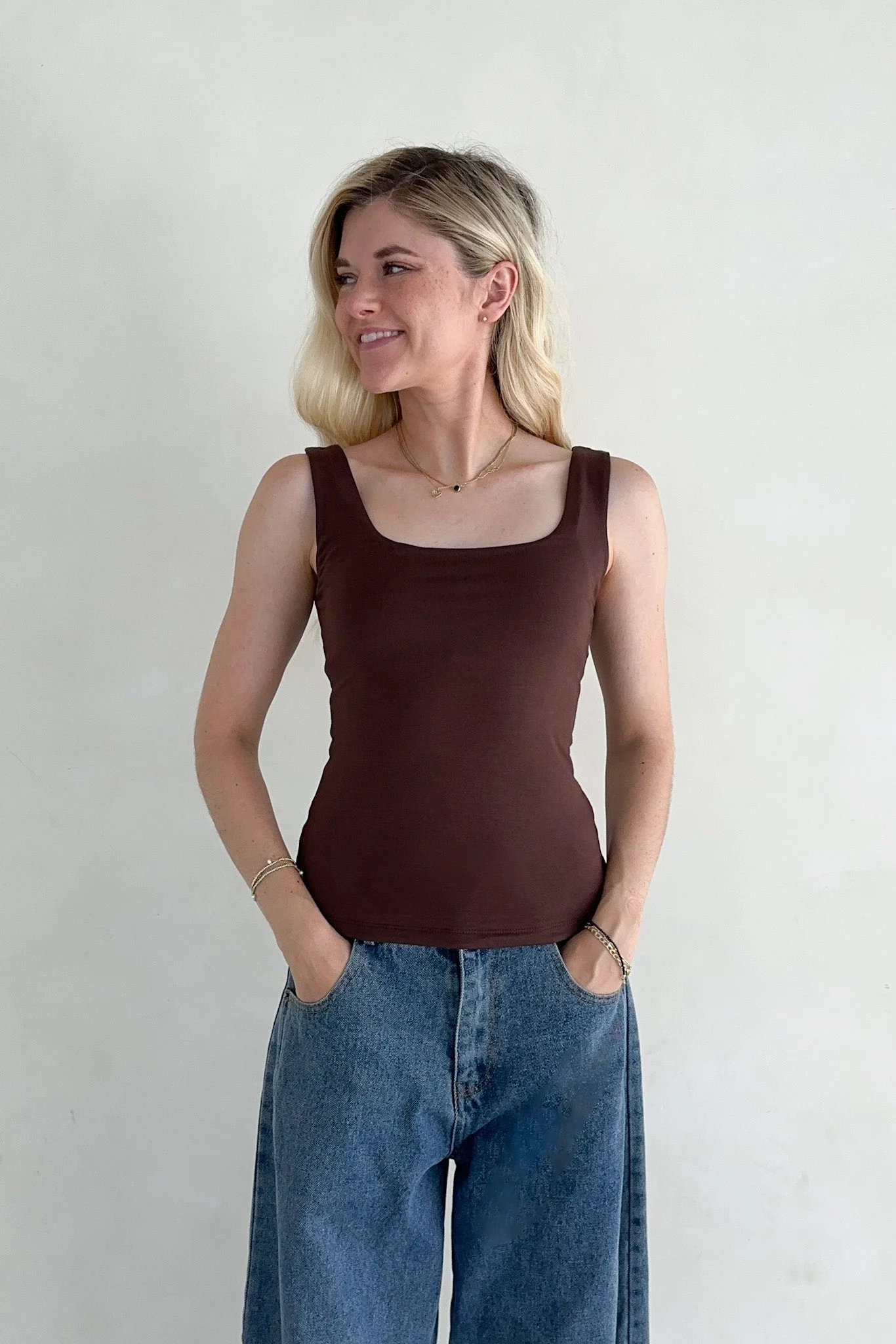 Taylor Double Layer Square Neck Tank Top in Chocolate - Image 7