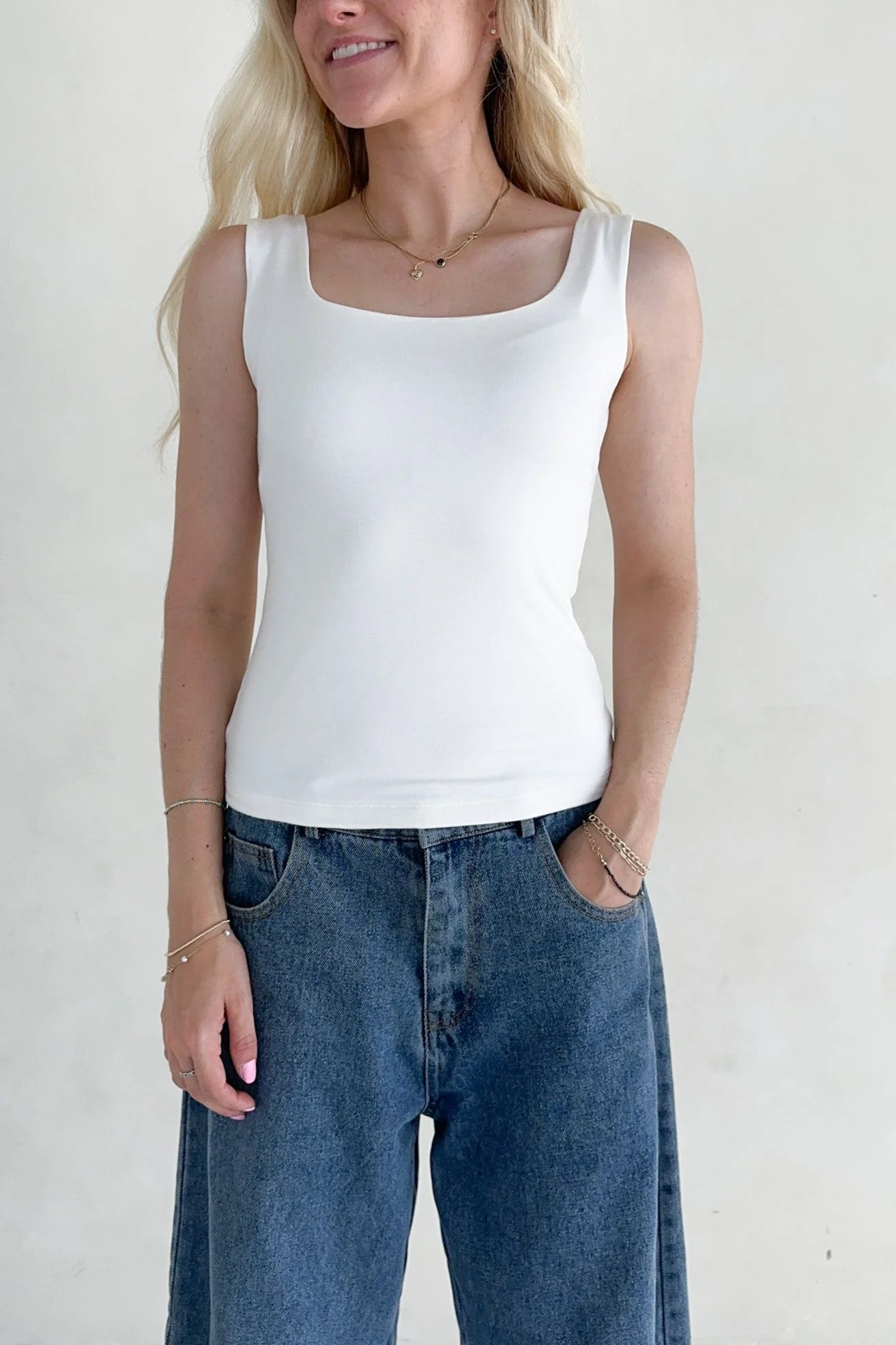 Taylor Double Layer Square Neck Tank Top in White