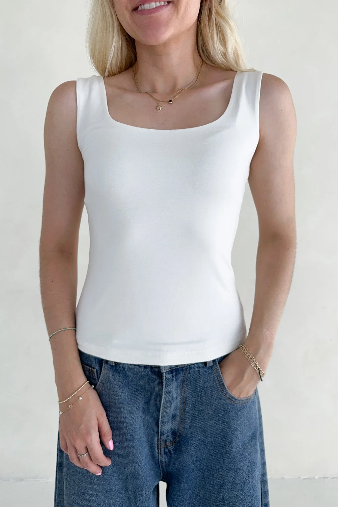 Taylor Double Layer Square Neck Tank Top in White - Image 2