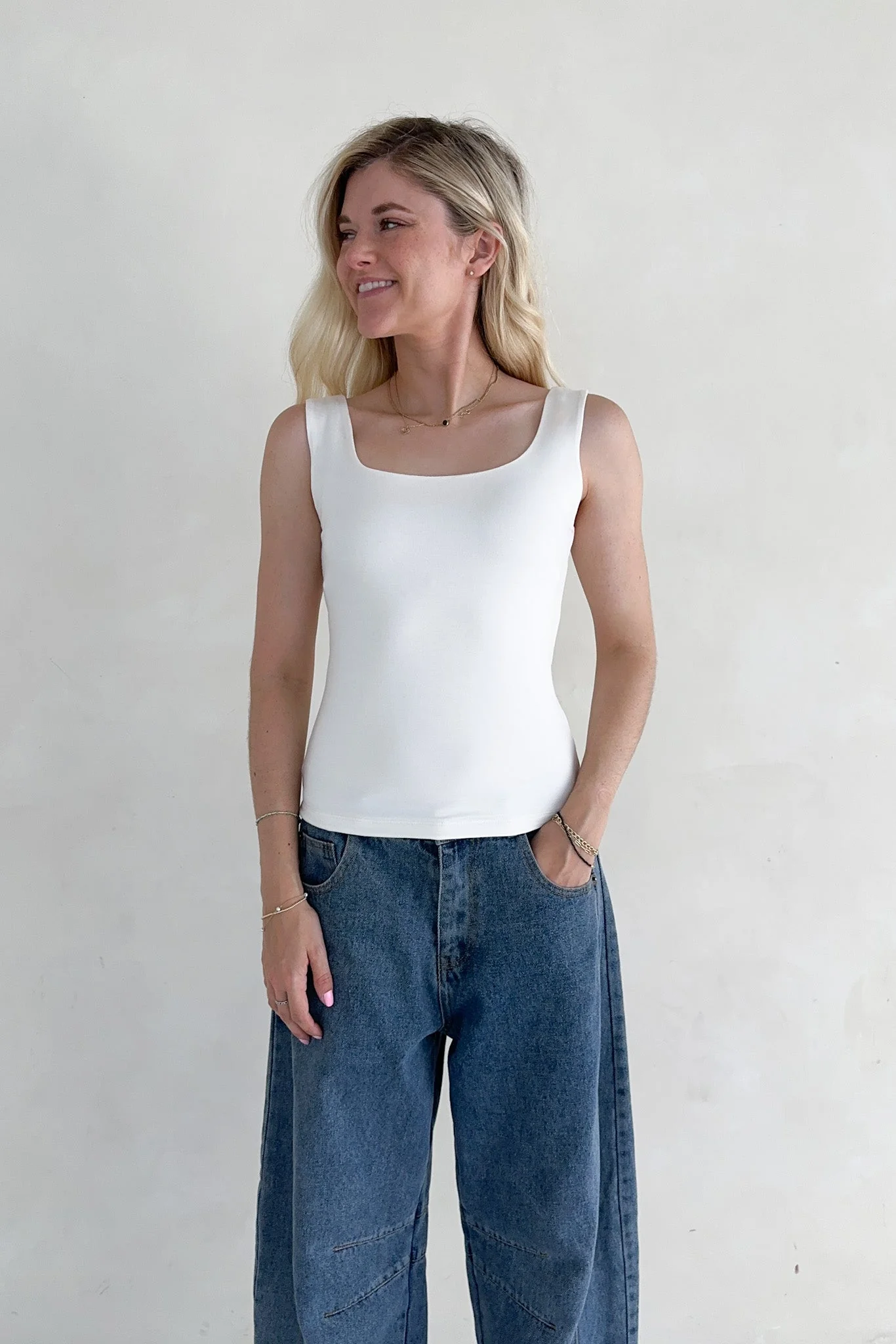 Taylor Double Layer Square Neck Tank Top in White - Image 4