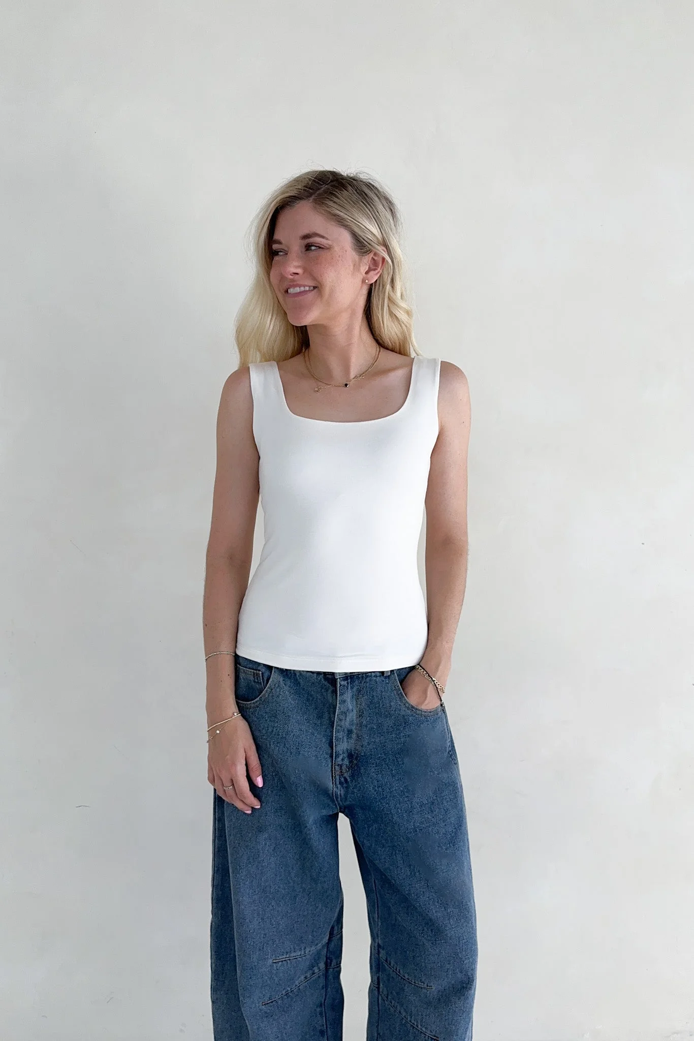 Taylor Double Layer Square Neck Tank Top in White - Image 5