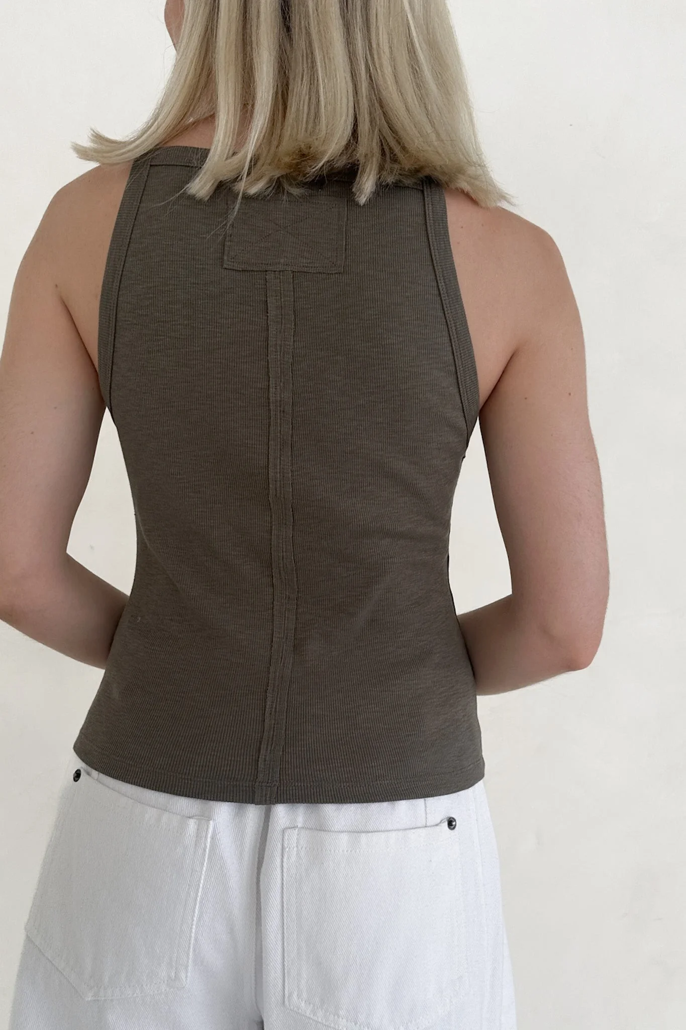 Urban High-Neck Cotton Tank Top in Olive - Image 2