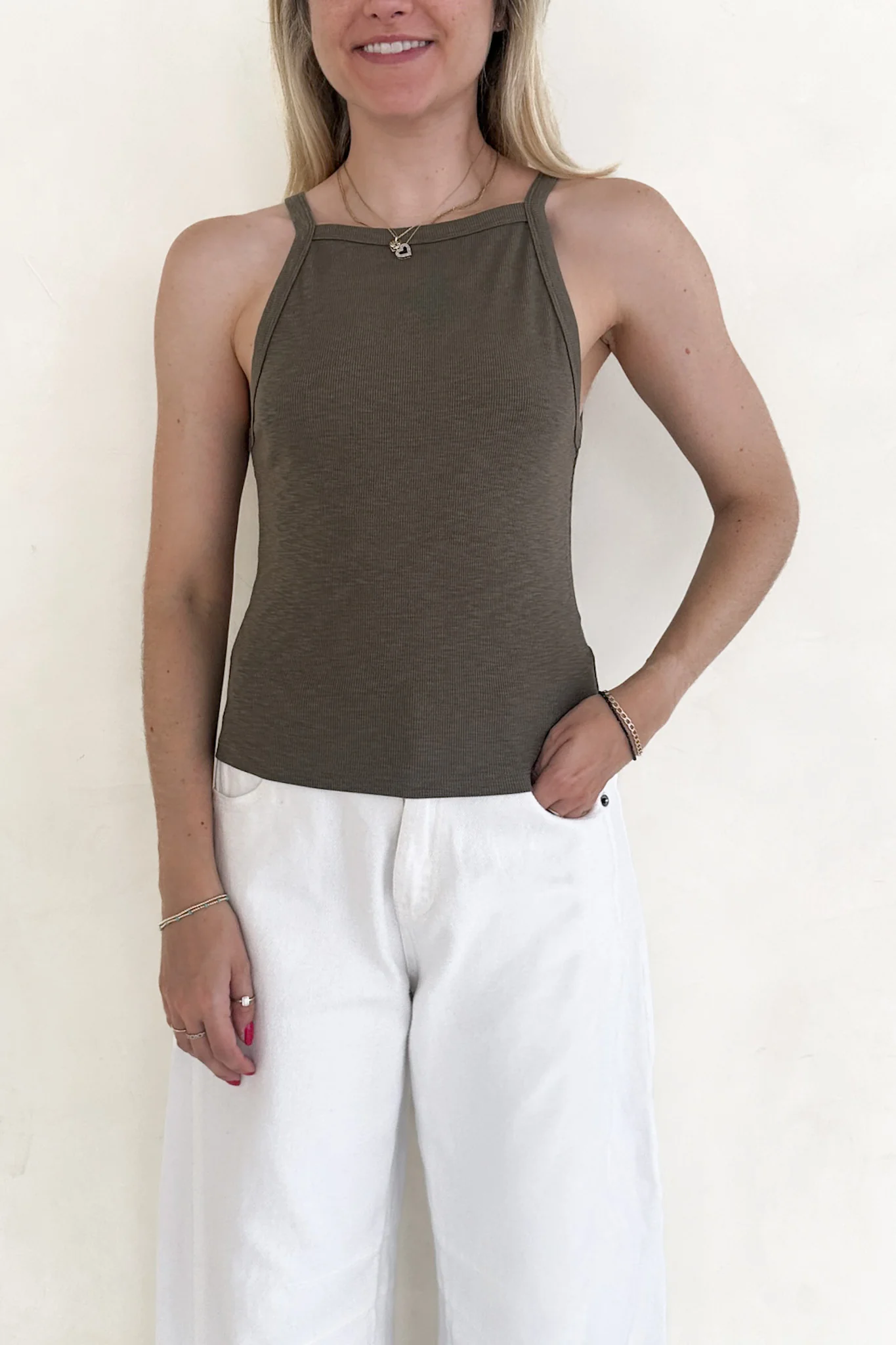 Urban High-Neck Cotton Tank Top in Olive - Image 3