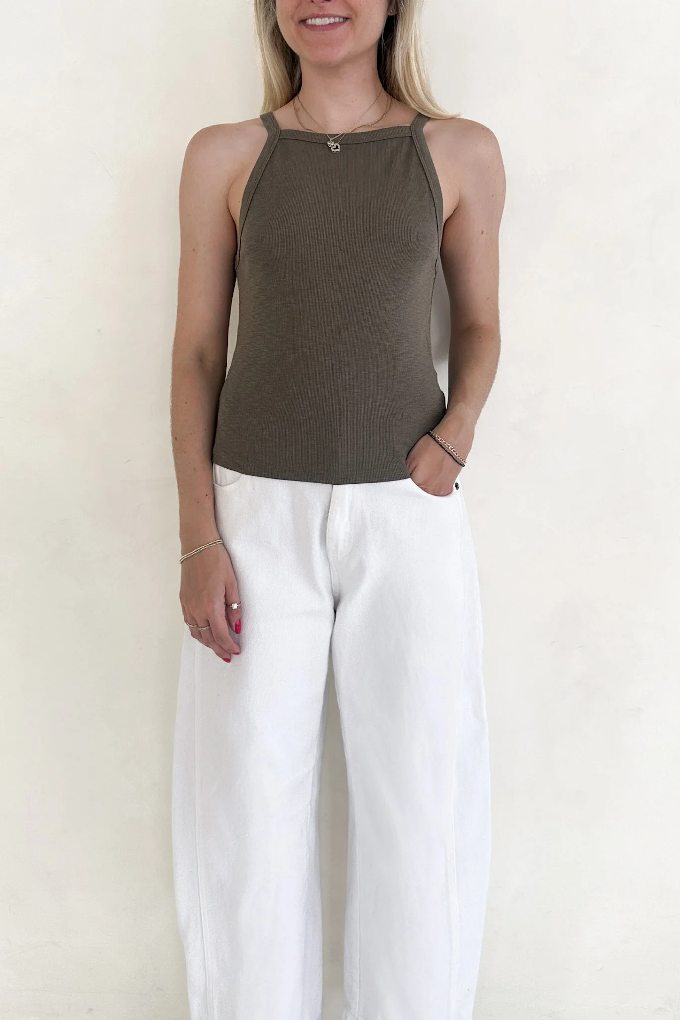 Urban High-Neck Cotton Tank Top in Olive - Image 4