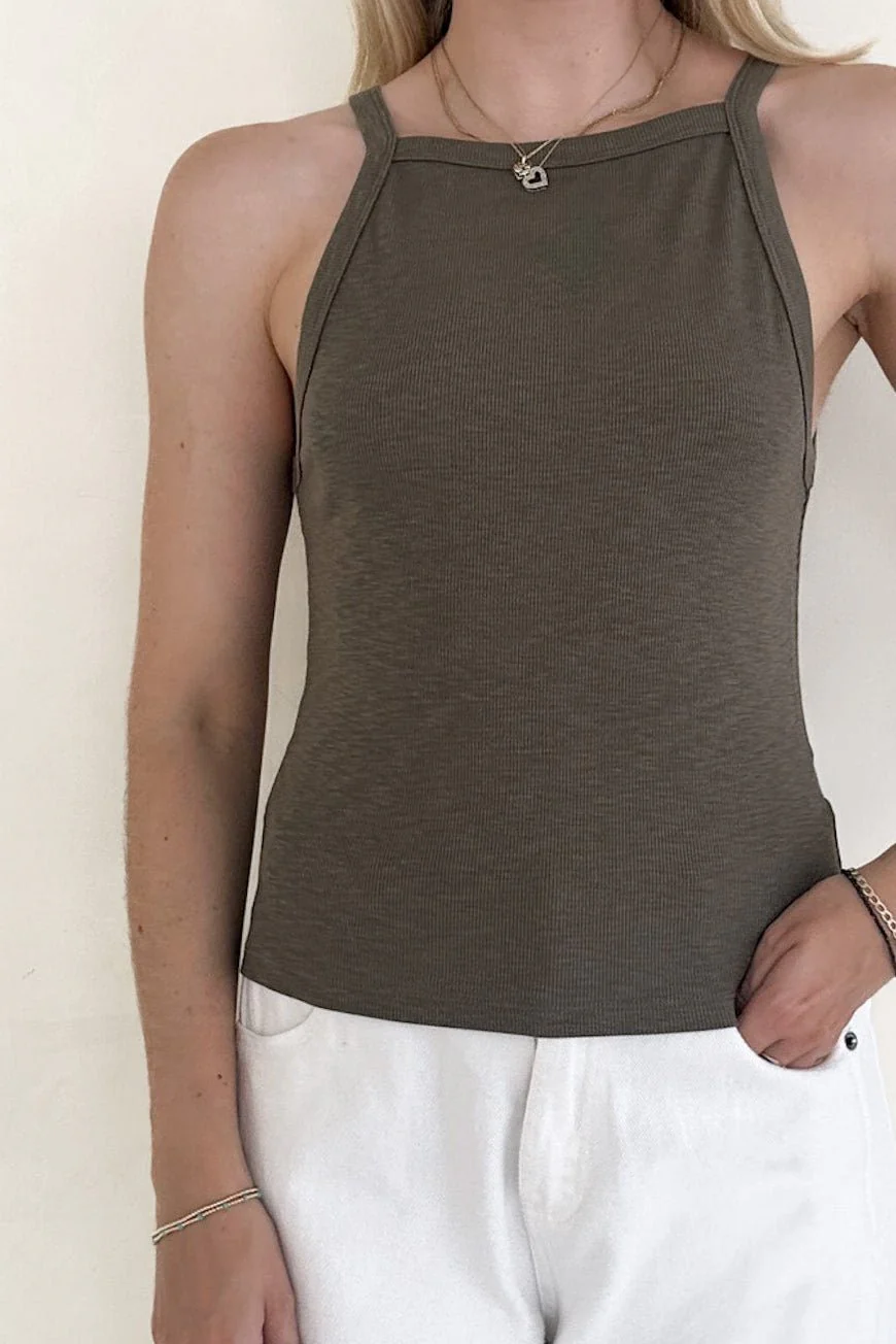 Urban High-Neck Cotton Tank Top in Olive - Image 5