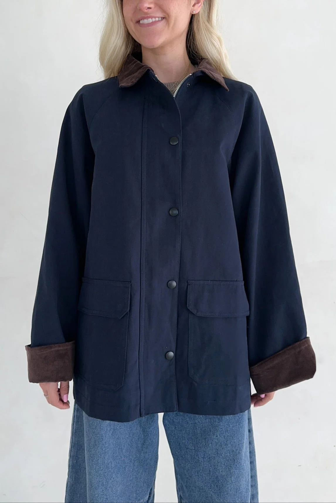 Windsor Corduroy Detail Barn Jacket in Navy - Image 6