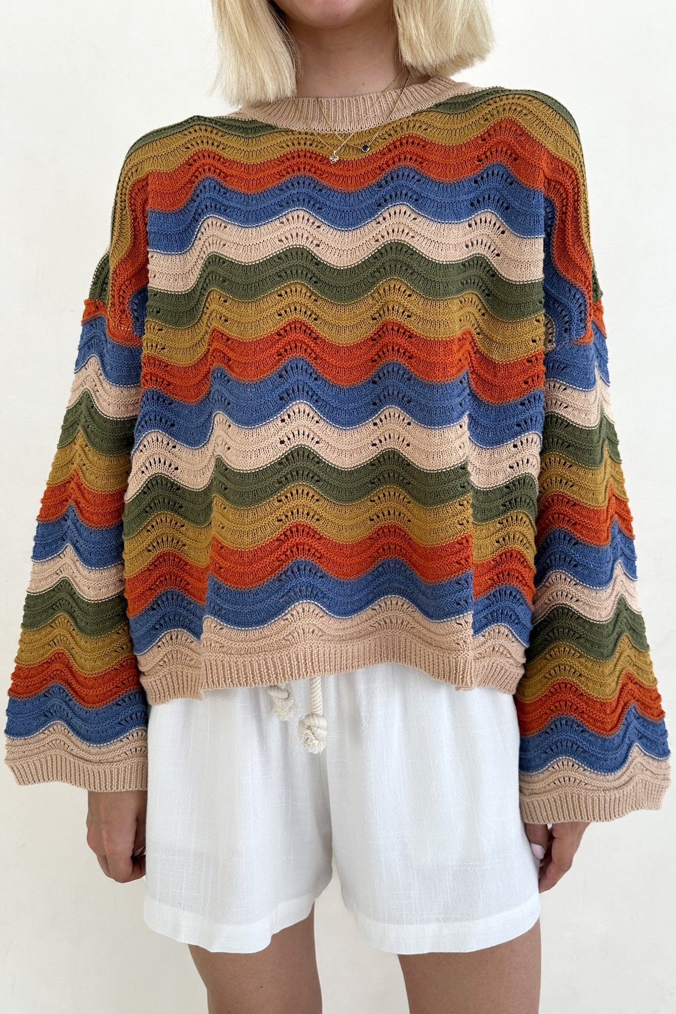 Woodstock Colorblock Neutral Rainbow Sweater