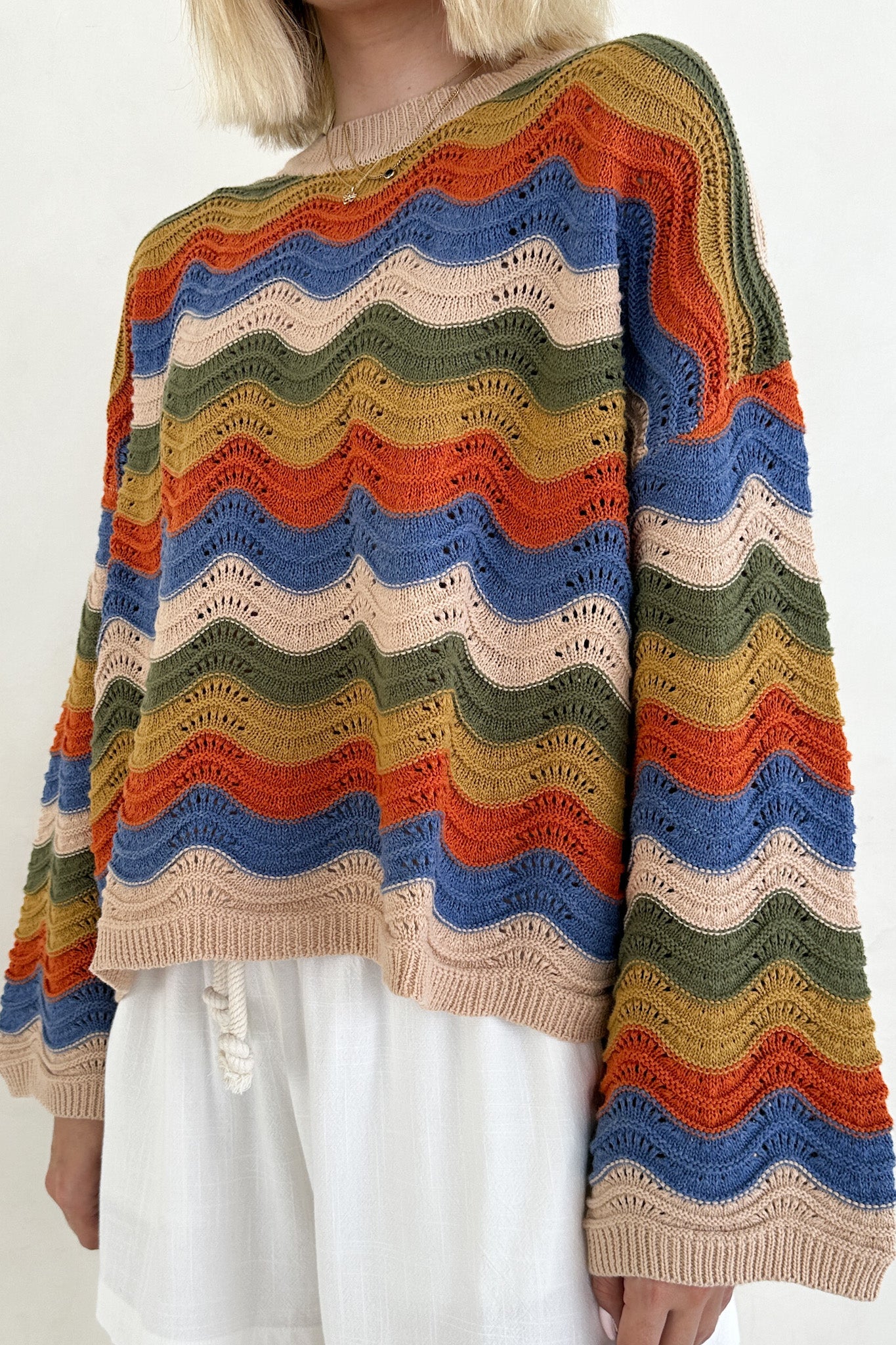 Woodstock Colorblock Neutral Rainbow Sweater - Image 3