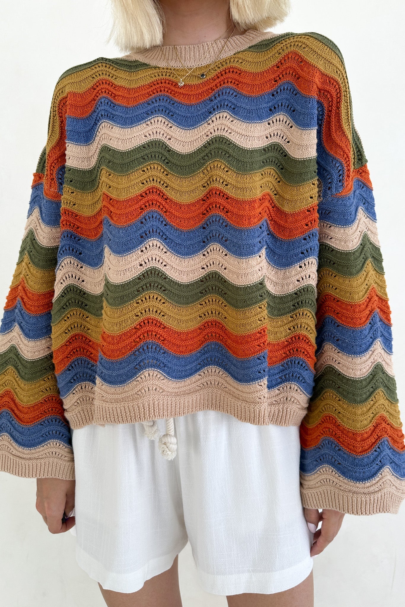 Woodstock Colorblock Neutral Rainbow Sweater - Image 7